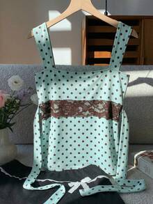 Comfortcana Women's Cute Polka Dot Brown Contrast Color Lace Sleeveless Top,Summer Fashion Green Polka Dot Blouse For Date,Beach,Holiday Casual Party Occasions - Green - View 2