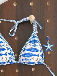 Swim Vcay 女士性感露背打结挂脖鱼纹分叉比基尼两件式泳衣，适合海滩、度假村穿着 - 彩色 - 查看 4