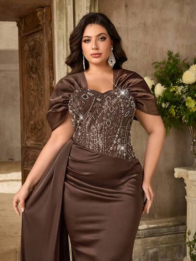 Aureia Plus Size Elegant Luxurious Coffee-Colored Beaded Embroidered Patchwork High-Stretch Satin Off-Shoulder Fitted Mermaid Pleated Dress With Overlay, Suitable For Evening Parties, Galas, Weddings, Honeymoon, And Wedding Season Events (Intricate Design)