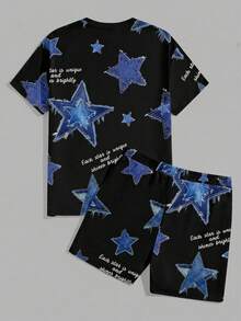 Manfinity Homme 男士星形标语印花T恤和短裤套装 - 黑色 - 查看 2
