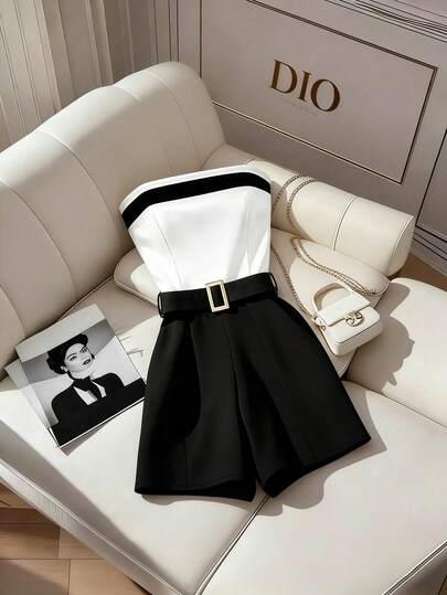 Franclia 女士新款黑白撞色抹胸金属扣腰连体衣