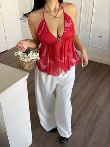 SHEIN CURVE+ Camiseta sin tirantes con escote en V profundo y espalda descubierta, talla grande - Rojo - Ver 6