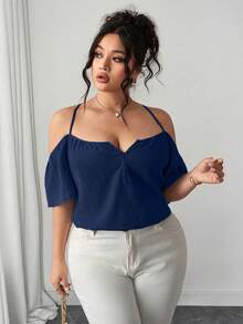 Elenzga Plus Size Women Summer Casual Loose Crinkle Fabric Off-Shoulder Adjustable Strap Front Button Shirt - Navy Blue - View 3