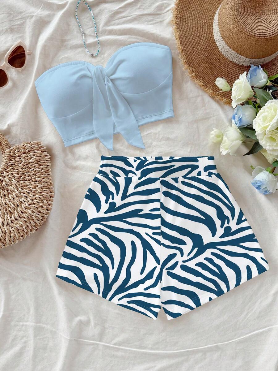 Soleia 女士纯色抹胸上衣和印花短裤两件套休闲套装 - 彩色 - 查看 1