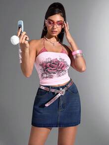 SHEIN Essnce 女士休闲口袋短牛仔裙，百搭 - 深色水洗藍 - 查看 4