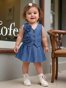 SHEIN Bộ đồ 2 món cho bé gái, thanh lịch, dễ thương, màu mơ, họa tiết hoa, gồm áo hai dây và chân váy xếp ly. - Màu xanh lam - Xem 5