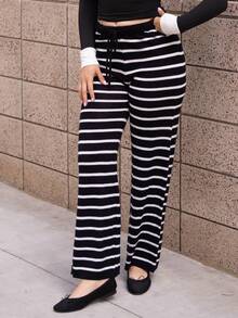 Andrea Bello 女式休闲黑白条纹抽绳腰针织裤，秋季 - 黑色 - 查看 3