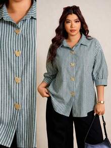 Elaquor 大码女式条纹金属心形纽扣设计休闲短袖衬衫 - 綠色 - 查看 1