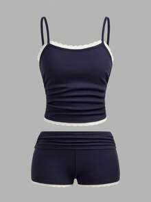 2pcs/Set Teen Girls' Clean Girl Style Solid Color Spaghetti Strap Top And Shorts Set, Summer Vacation Outfit, Spring/Summer, New Year, Valentine's Day, Navy Blue - Royal Blue - View 5
