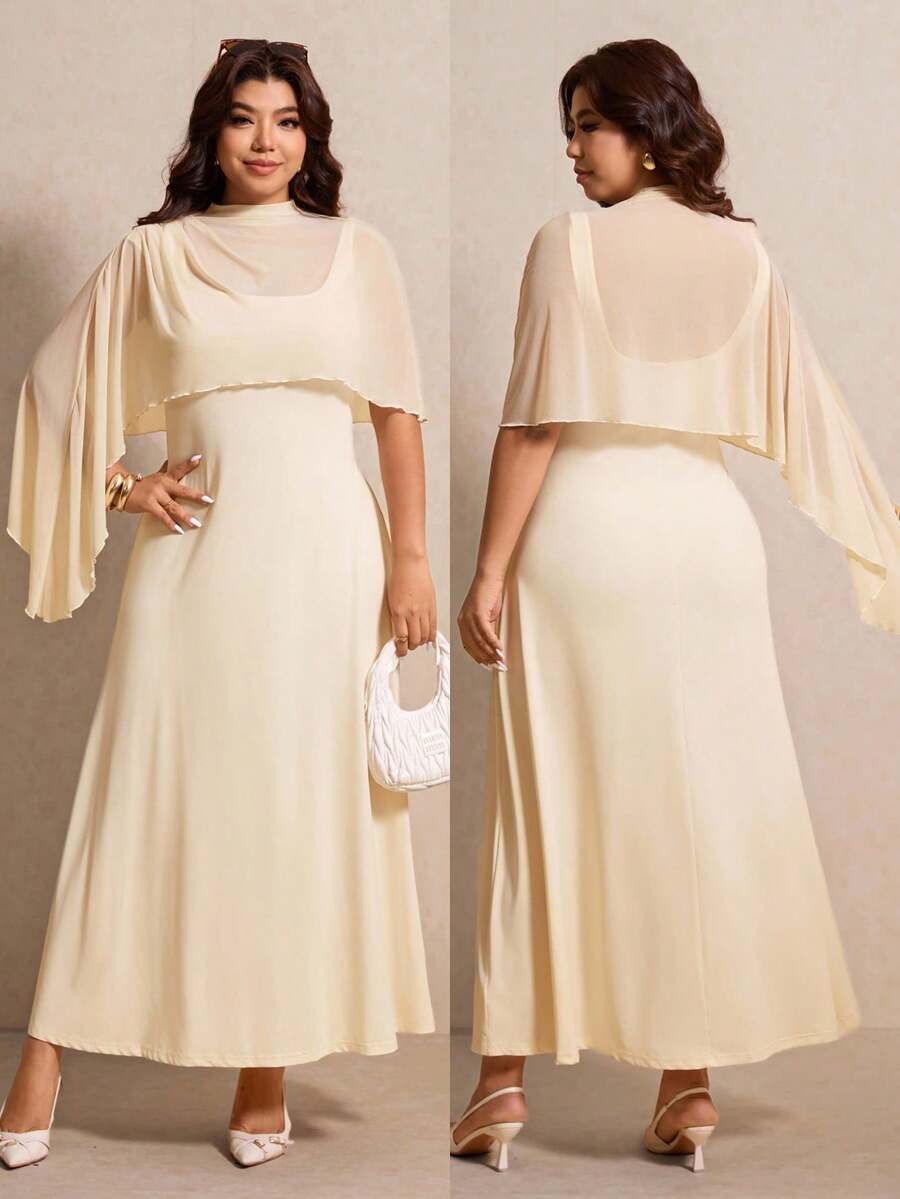 Elaquor Robe élégante à col montant et manches chauve-souris pour femmes de grande taille, en couleur unie. Tenues élégantes classiques pour femmes. Robe de soirée élégante pour le printemps/été, les vacances, les mariages, les remises de diplômes et les festivals. - Nude - Voir 1