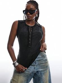 SHEIN EZwear Washed Gray Ribbed Sleeveless Casual Plus Size T-Shirt, Spring/Summer Ribbed Tops Women Sleeveless Button Up Top Cotton Ladies Casual Tops Casual Tops For Women Women's Cotton Tops Ladies Smart Tops - Black - View 7