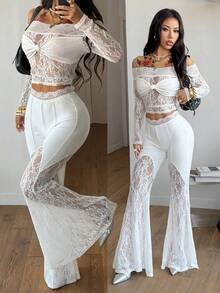 SHEIN Coolane Pantalones acampanados de encaje blanco de lujo con contraste para mujeres, pantalones sexy, leggings acampanados, pantalones de yoga, pantalones blancos, pantalones de encaje, pantalones acampanados para mujer, atuendos de verano, atuendos de vacaciones - Blanco - Ver 5
