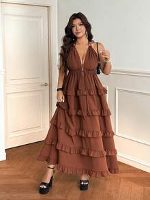 Vionelle Plus Size Summer Vacation Solid Color Ruffle Hem Halter Dress - Coffee Brown - View 4