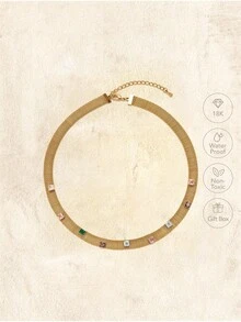 Glisma Dây chuyền bản rộng đính đá Cubic Zirconia thiết kế thanh lịch, sang trọng, kiểu dáng choker. - Vàng - Xem 2