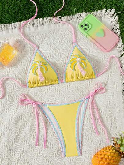 Swim Mod Bộ đồ bơi 2 mảnh dành cho nữ cỡ lớn, ngọt ngào và dễ thương, tối giản, thích hợp cho kỳ nghỉ biển, màu vàng phối hồng, dây đeo màu hồng, viền răng cá mập xanh, kiểu yếm, họa tiết cây dừa.