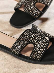 SHUZIA Women's Rhinestone Embellished Open Toe Flat Heel H-Design Rhinestone Black Slides – Chic, Comfortable & Timeless Essential For Christmas Valentine's Day - Black - View 7