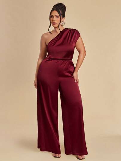 SHEIN BAE Mono elegante de pierna ancha con un hombro y cintura fruncida de satén para mujer talla grande, color borgoña