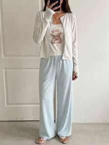 DAZY 3pcs Women Contrast Color Cute Rabbit Print Camisole Top & Robe & Solid Color Pants Sleepwear Pajama Set, Fall Winter Clothes - Grey - View 4