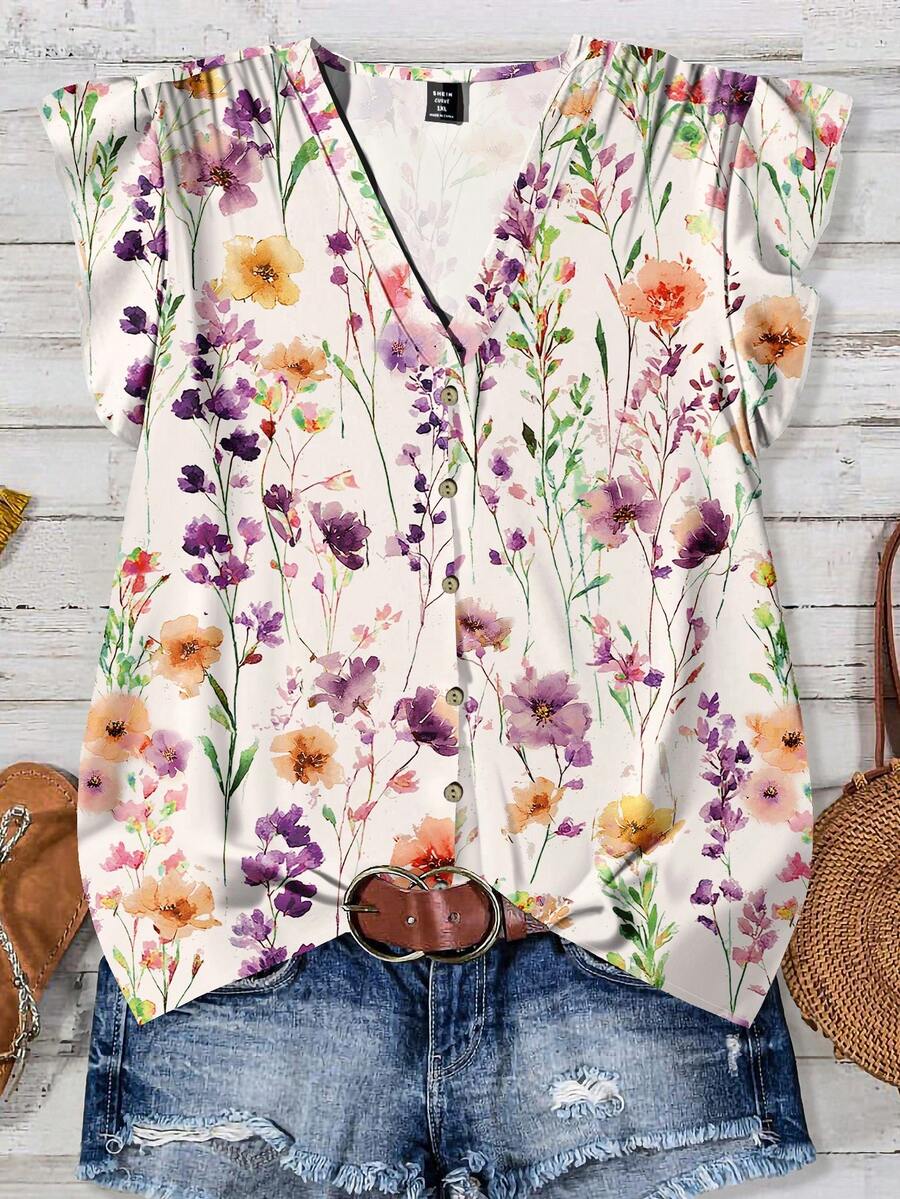 EMERY ROSE Casual Romantic Floral Print V-Neck Ruffle Trim Plus Size Women's Short Sleeve Blouse, Suitable For Summer, White Top, Vacation - Multicolor - View 1