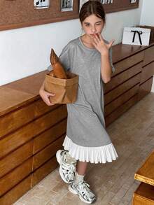 Hapijoa 青少年女孩圓領針織拼接網紗洋裝，夏季陽光連身裙 - 灰色 - 查看 6
