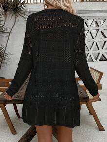 SHEIN LUNE 女士休闲纯色镂空长袖宽松开衫 - 黑色 - 查看 2