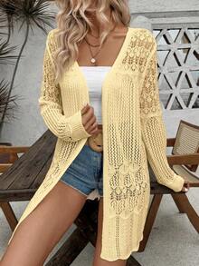 SHEIN LUNE Women's Casual Solid Color Hollow Out Long Sleeve Loose Cardigan - Yellow - View 7