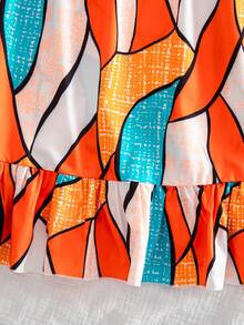 SHEIN Elladie kids 少女彩虹条纹印花吊带荷叶边下摆休闲度假连衣裙 - 橘色 - 查看 4