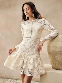 Anewsta 新款女士春夏优雅蕾丝刺绣长袖杏色连衣裙 - 杏色 - 查看 5