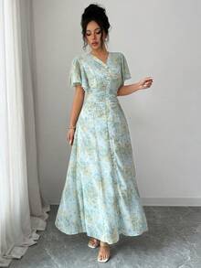 Modelyn Đầm xòe họa tiết hoa nhí cổ chữ V, eo nhún bèo dành cho nữ - màu xanh lá - Xem 4
