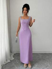 Elenzga Gaun Elegan Romantis Pas Badan Tanpa Lengan, Leher Persegi, Ikat Pinggang, Dekorasi Mutiara & Berlian Imitasi, Cocok untuk Pesta dan Pernikahan - Mauve Purple - View 4