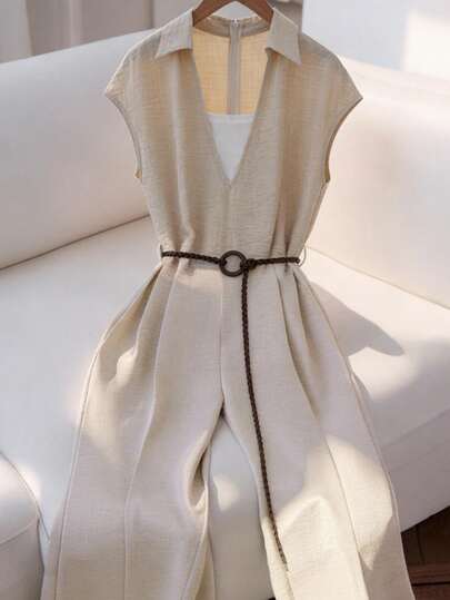 Franclia Elegant Shirt Collar Splice V-Neck Dolman Sleeve Jumpsuit With Belt, Paired With Khaki Wide Leg Pants, Suitable For Commuting, Vacation, Spring/Summer