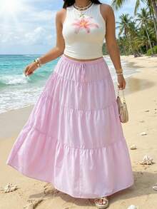 GalTyme 大码印花吊带背心和条纹半身裙两件套，休闲度假装 - 彩色 - 查看 6