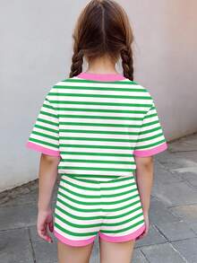 Bộ đồ ngủ ngắn tay và quần short in chữ sọc xanh lá cây và hồng dành cho bé gái tuổi teen, thích hợp cho mùa hè, kiểu dáng retro, phù hợp với bé gái 14-16 tuổi. - trắng - Xem 2