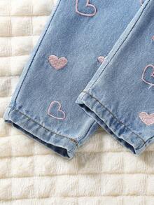 SHEIN Vintaside Kids 女嬰心形刺繡牛仔錐形長褲 秋季 - 藍色 - 查看 6