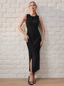 Anewsta Women's High-End Luxury Design Slit Fitted Dress, Suitable For Summer Party, Wedding Guest, Black Elegant Dress - Black - View 7