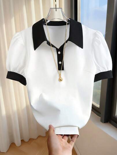 Franclia 女士休闲通勤撞色 Polo 领花瓣袖衬衫，夏季