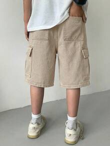 SHEIN Little Byeori 青少年男孩時尚休閒 Y2k 復古酷感工裝口袋設計藍色寬鬆舒適牛仔短褲 柔軟日常穿搭 春夏電音節慶海灘款 - 卡其色 - 查看 2