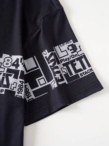 Tetris™ X SHEIN Bộ đồ ngủ nam in họa tiết hình học gồm áo và quần short - màu đen - Xem 4