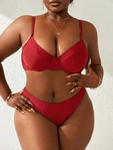 Slaydiva Plus Size Women Summer Beach Solid Color Sexy Bikini Swimwear Set - Red - View 4