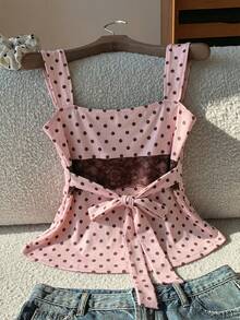 Comfortcana 2026春夏新款时尚女装浅粉色撞色蕾丝波点印花无袖上衣，适合夏季、圣诞节、新年及各种场合，也可作为派对、海滩、休闲度假波点衬衫穿着。 - 淺粉色 - 查看 5