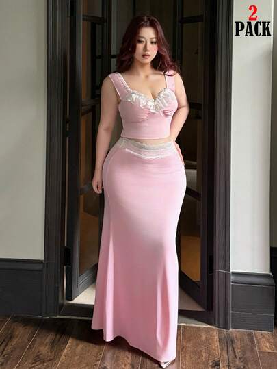 Vibekara Plus Size Diamond Collar Ribbed Contrast Ruffle Flare Sleeve Cropped T-Shirt And Ribbed Ruffle Patchwork Fishtail Hem Skirt 2 Piece Set