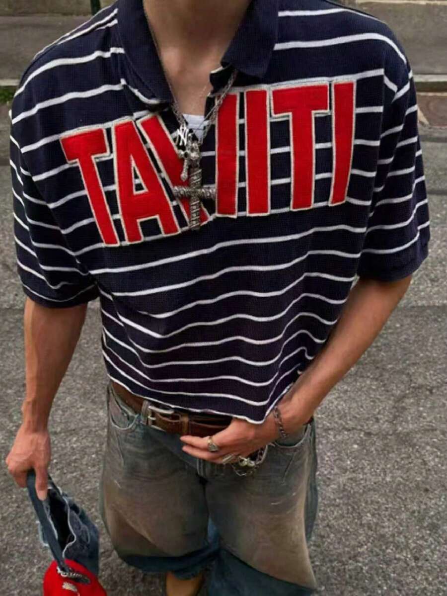 Manfinity Dauomo 男士字母条纹印花休闲百搭短袖Polo衫 - 彩色 - 查看 1