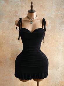 Mistrie 女士性感抽绳迷你紧身连衣裙，夏季时尚绿色吊带迷你连衣裙，后背系带，适合派对之夜，女士夜店装扮，性感女士 - 黑色 - 查看 3