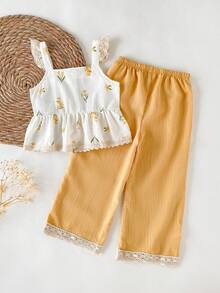 SHEIN Young Girl Casual Floral Print Front Button Camisole And Pants 2-Piece Set, Summer - Yellow - View 2
