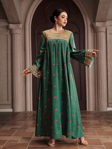 Al Najma Đầm maxi dài tay cổ tròn in hoa, viền ruy băng dành cho nữ, kiểu truyền thống Ả Rập. - màu xanh lá - Xem 1