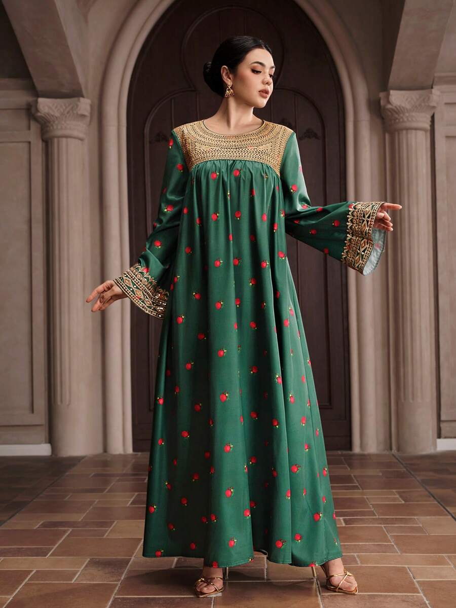 Al Najma Đầm maxi dài tay cổ tròn in hoa, viền ruy băng dành cho nữ, kiểu truyền thống Ả Rập. - màu xanh lá - Xem 1