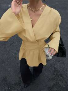 Siren Gaze 100%纯棉收腰V领喇叭袖衬衫，柔软亲肤，适合工作和度假穿着，优雅女士秋季衬衫 - 淡黃色 - 查看 6