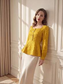 Suri Mira Minimalist Jacquard Woven Yellow Long Sleeve Blouse, Versatile For Commute, Date, Office, Church, Back To School, Teacher - Yellow - View 4