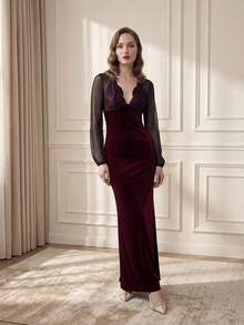 Suri Mira 优雅修身V领蕾丝网纱拼接撞色长袖连衣裙，适合秋冬季节的百搭派对礼服 - 彩色 - 查看 5