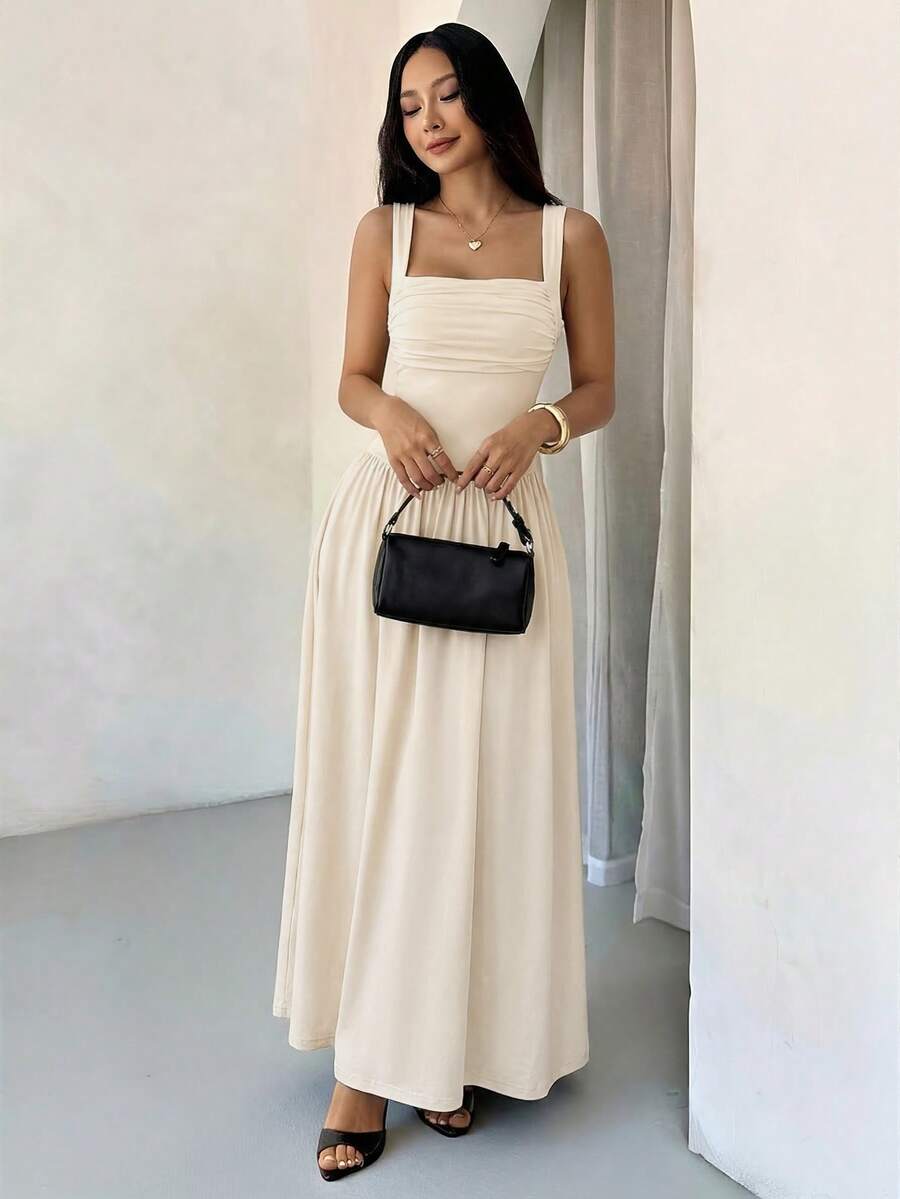 SHEIN PETITE Đầm nữ màu nâu cà phê trơn thanh lịch, cổ vuông, dáng xòe, thích hợp cho mùa xuân/hè. - Màu be - Xem 1